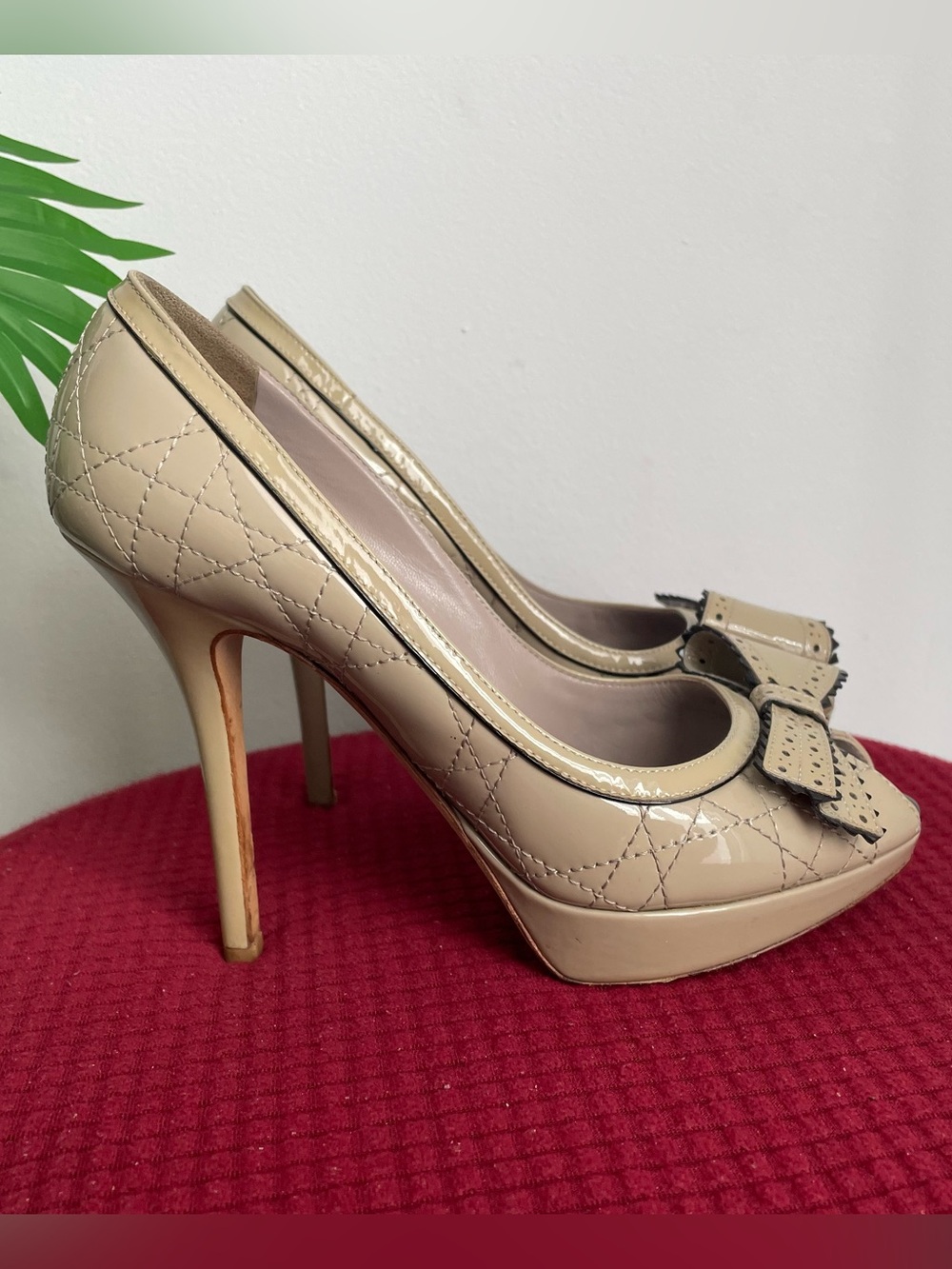 Dior Cream Peep-Toe Pumps with Black Patent Bow Accent